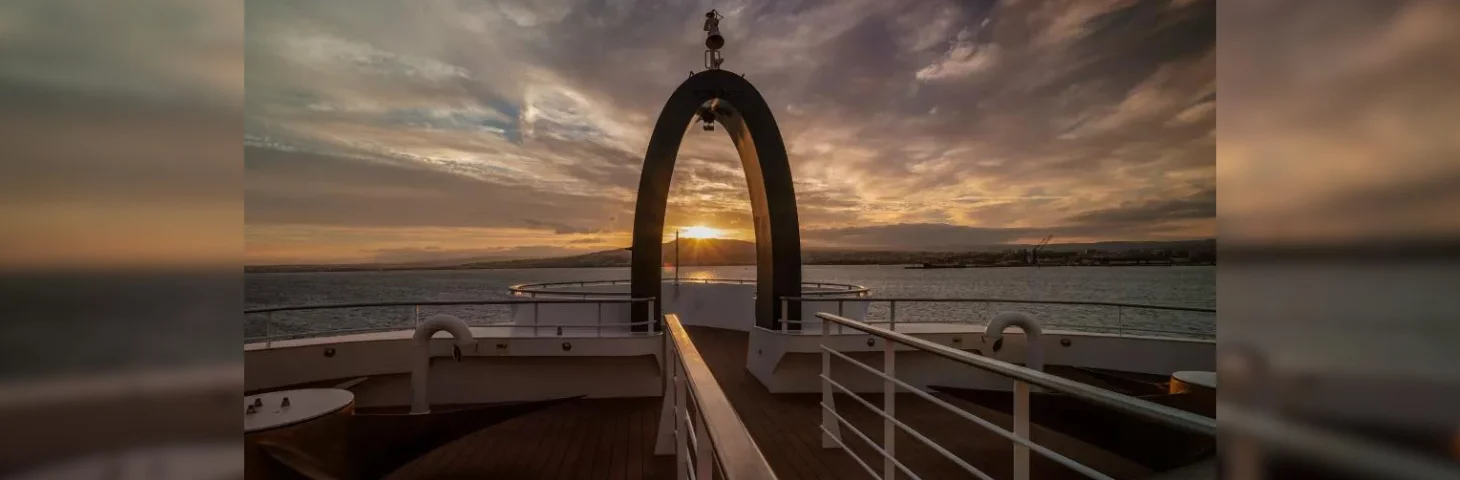 The view from the deck of a Swan Hellenic ship at sunset.