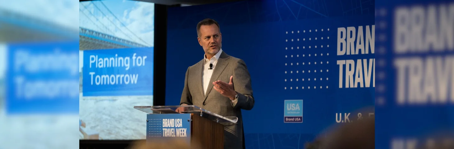 Fred Dixon, president and CEO of Brand USA, delivering his opening keynote at Brand USA Travel Week 2024.