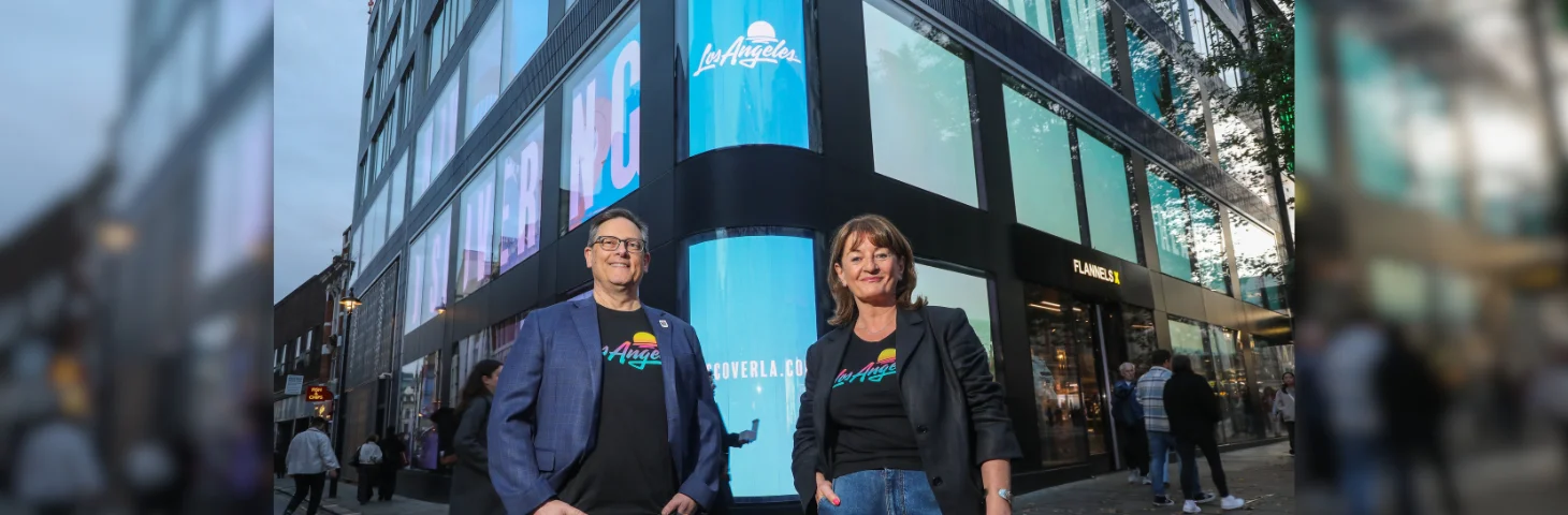 Adam Burke and Francine Sheridan of Los Angeles Tourism launching their new campaign on Oxford Street.