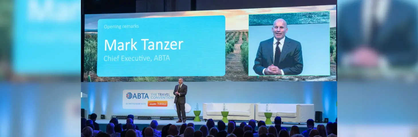 ABTA chairman Mark Tanzer on stage at The Travel Convention 2024 in Costa Navarino, Greece.