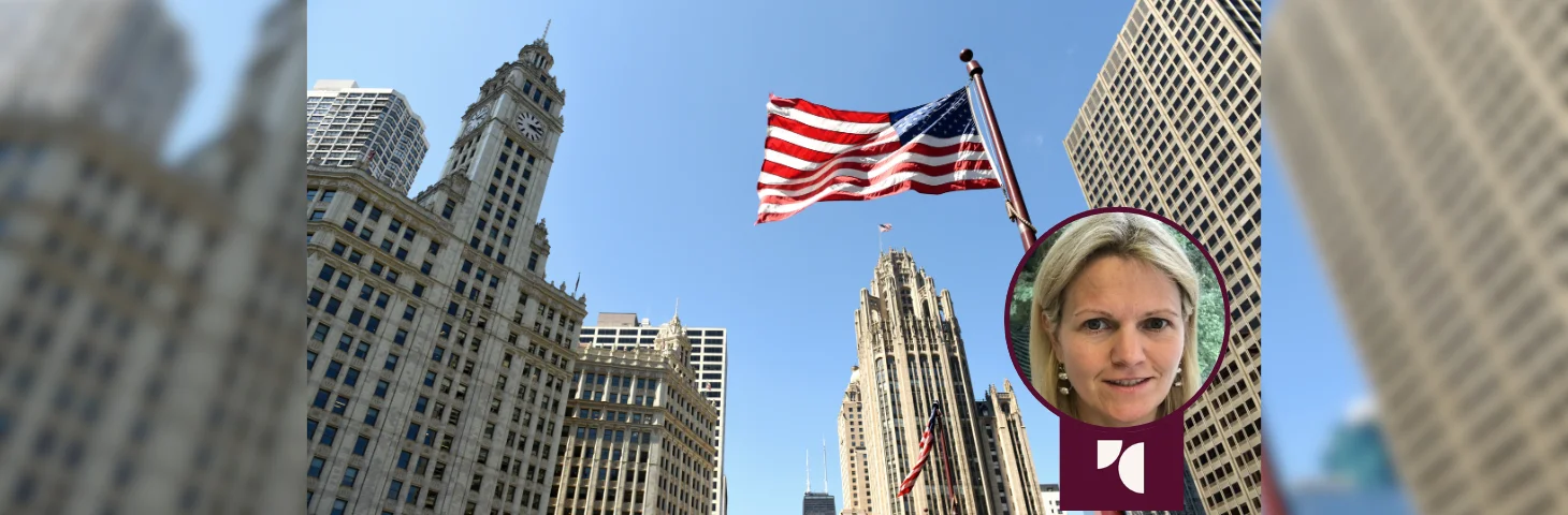 Two American flags waving in downtown Chicago, overlaid with Sarah Freeman headshot and Travel Counsellors logo. 