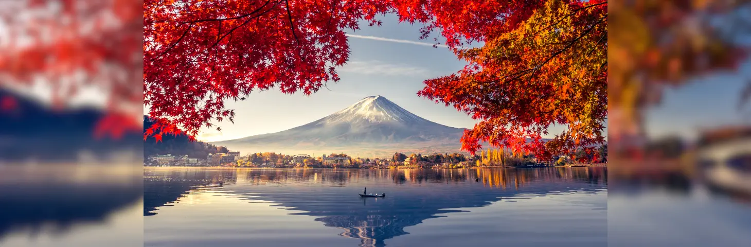 Image of Mount Fuji behind a still lake