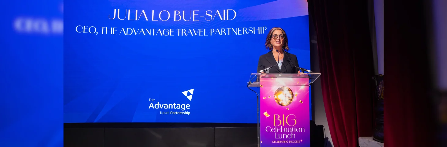 Julia Lo Bue-Said, CEO of The Advantage Travel Partnership, on stage at the Big Celebration Lunch 2024.