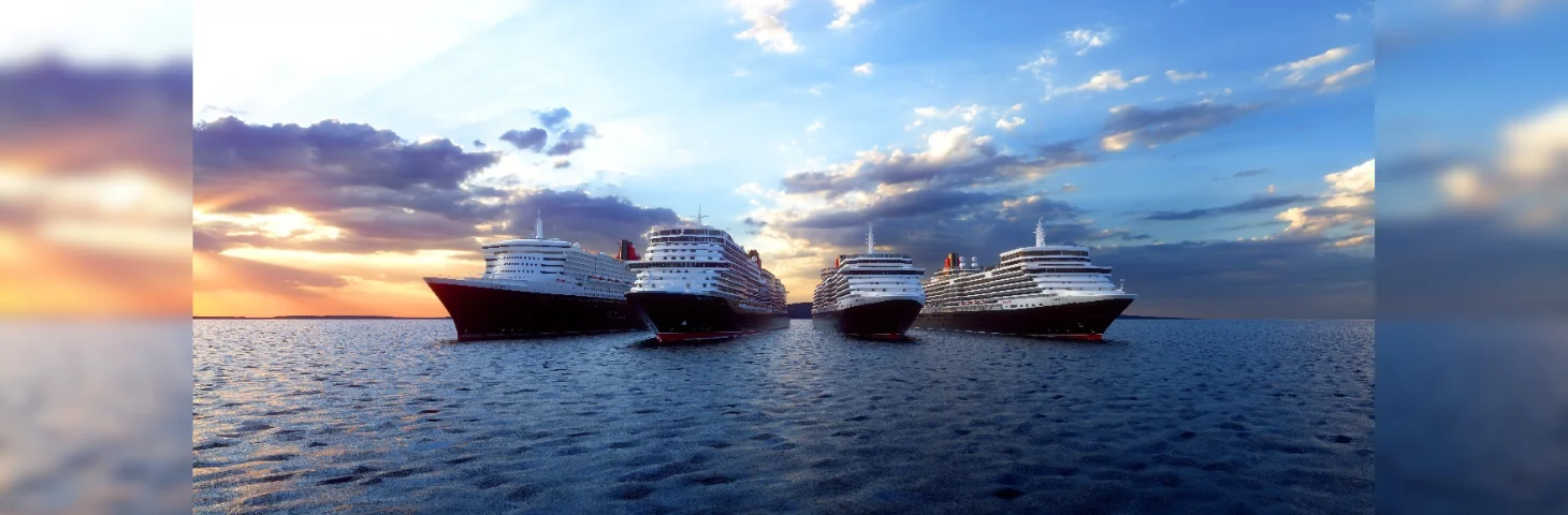 Aerial shot of Cunards fleet at sea